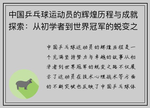 中国乒乓球运动员的辉煌历程与成就探索：从初学者到世界冠军的蜕变之路